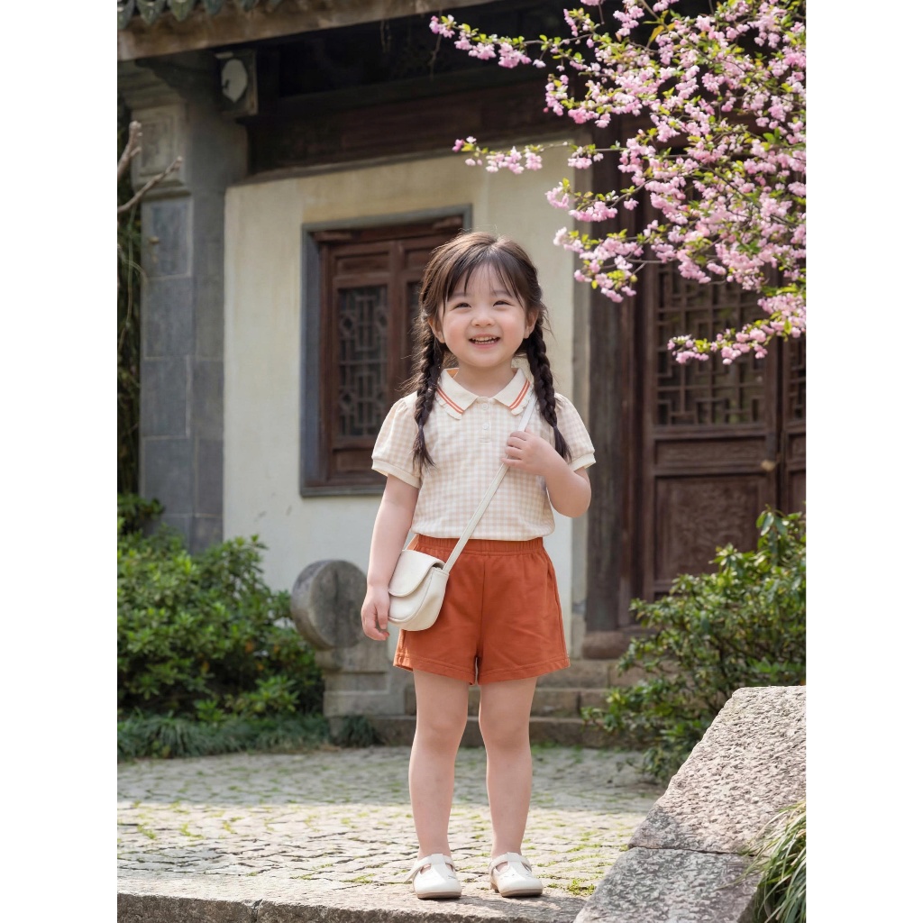 Set bộ polo cộc tay bé gái tay bồng Miniumbaby mix hình dễ thương cổ bèo, chất cotton mềm mát SB2669