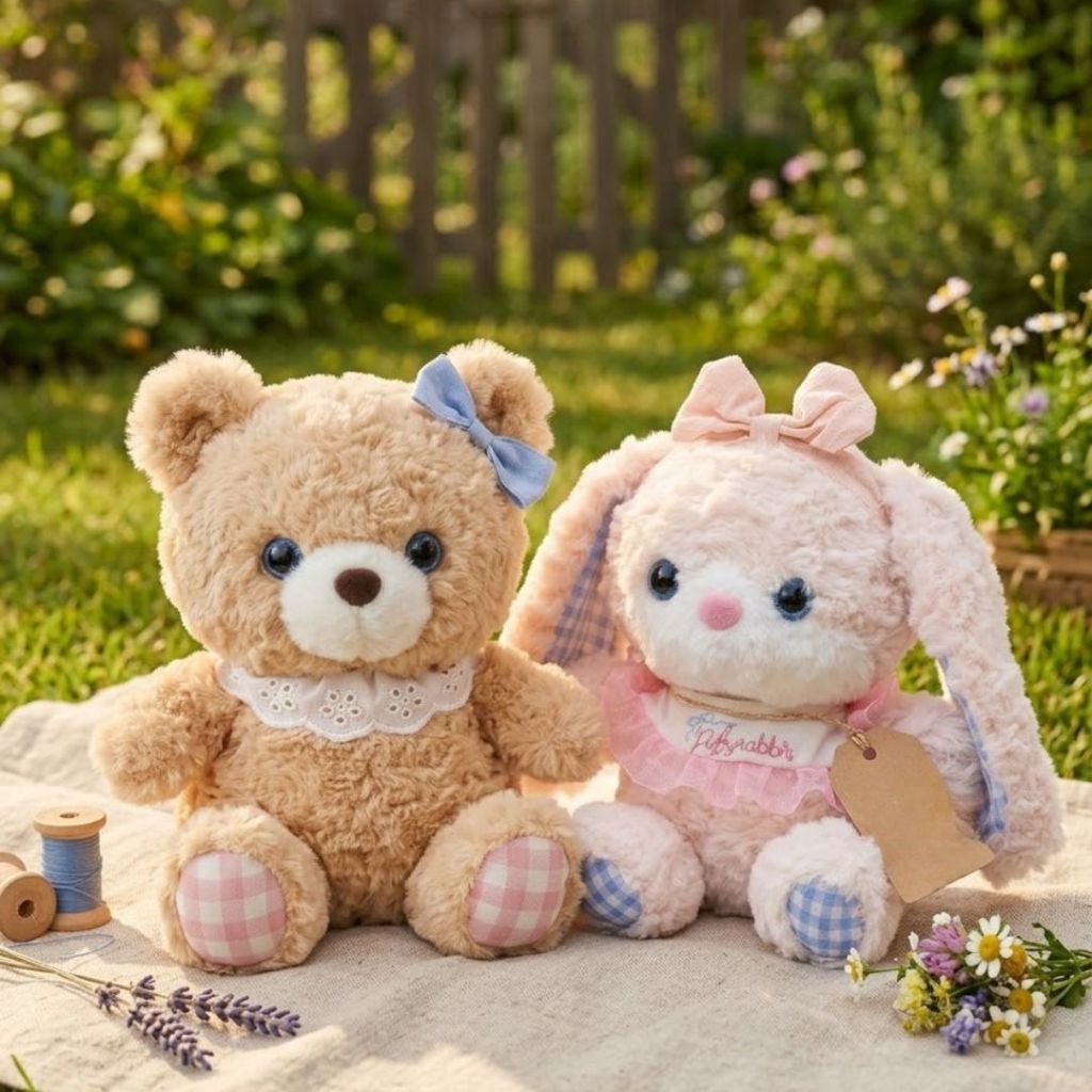 Gấu bông thỏ hồng và gấu nâu lông xù tai dài đeo yêm nơ dễ thương làm quà tặng sinh nhật cho bé, bạn gái
