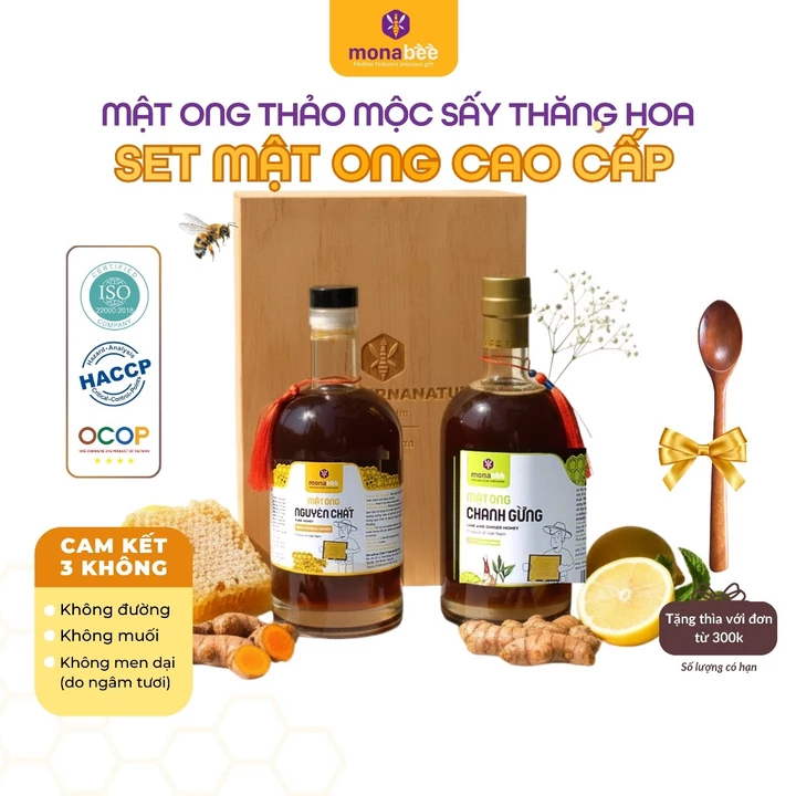 Hộp quà 2 chai mật ong nguyên chất cao cấp Monabee (750ml/chai) - Hộp gỗ thông - Quà tặng sức khỏe