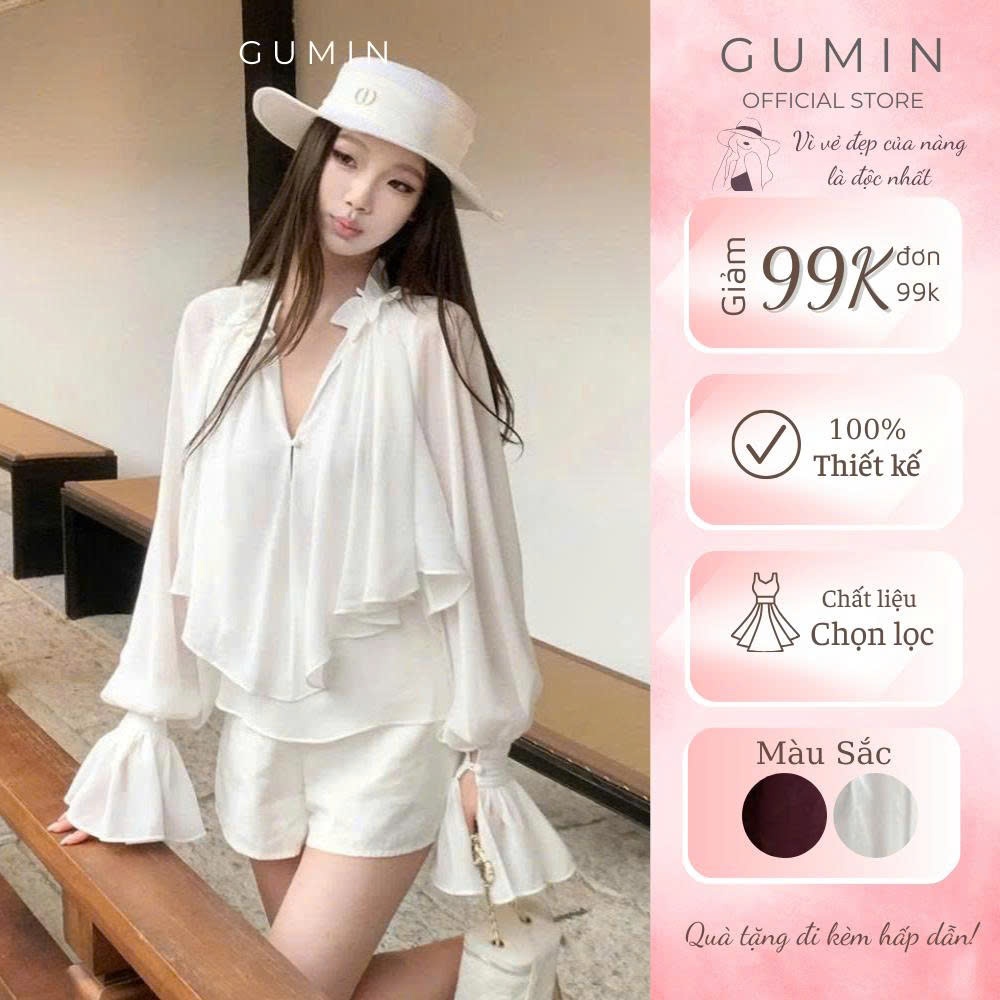 Áo voan tơ GUMIN thiết kế áo cổ V phối bèo tà trước tay bồng tiểu thư sang chảnh, Áo kiểu nữ phong cách cá tính sang trọ