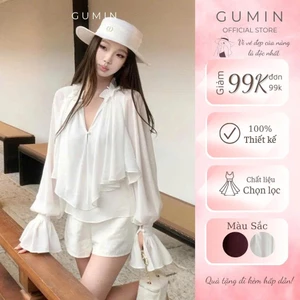 Áo voan tơ GUMIN thiết kế áo cổ V phối bèo tà trước tay bồng tiểu thư sang chảnh, Áo kiểu nữ phong cách cá tính sang trọ