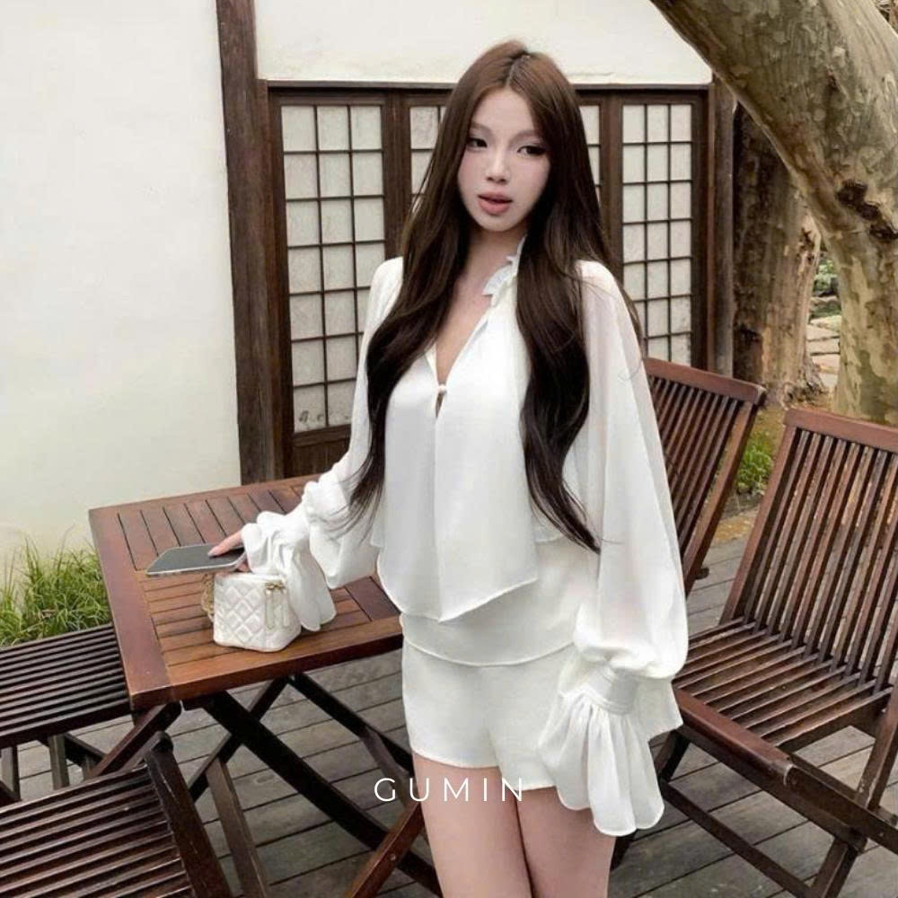 Áo voan tơ GUMIN thiết kế áo cổ V phối bèo tà trước tay bồng tiểu thư sang chảnh, Áo kiểu nữ phong cách cá tính sang trọ