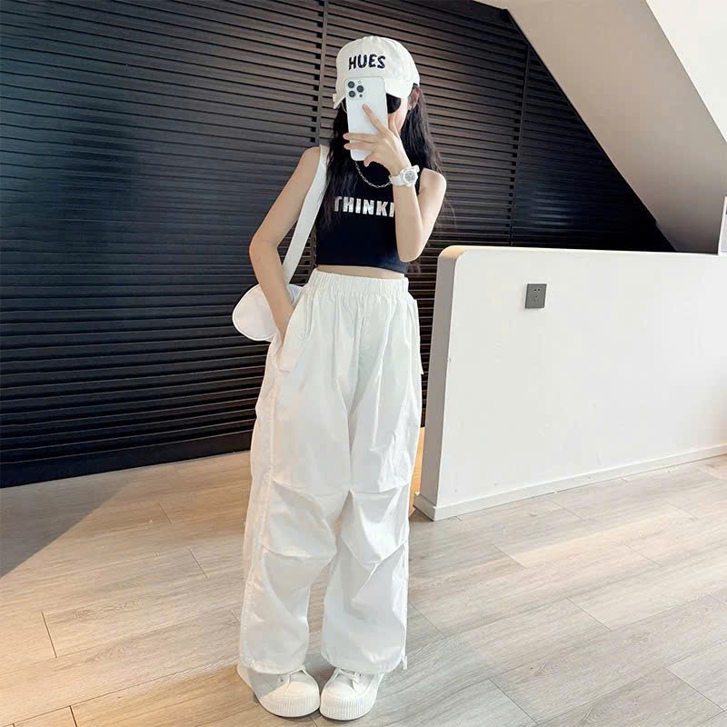 Set đồ bé gái cá tính áo croptop chữ phối quần ống rộng phong cách năng động, thời trang hè cho bé
