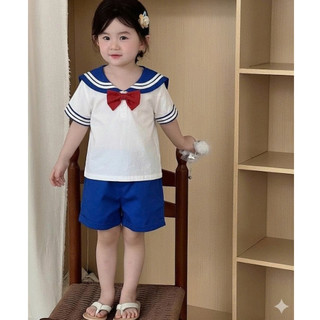 Set Bộ Bé Gái, Set Bộ Thủy Thủ Cho Bé Gái Tặng Kèm Nơ Đỏ Xinh Xắn Chất Liệu Cotton Mềm Mại