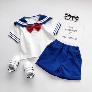 Set Bộ Bé Gái, Set Bộ Thủy Thủ Cho Bé Gái Tặng Kèm Nơ Đỏ Xinh Xắn Chất Liệu Cotton Mềm Mại