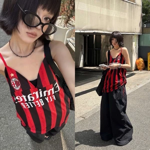 Áo hai dây thể thao phong cách jersey sọc đỏ đen dáng rộng cá tính AHD009 - Tiktik