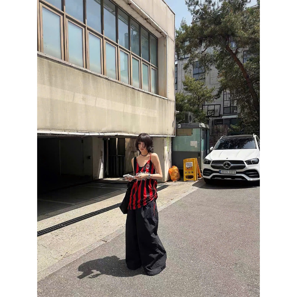 Áo hai dây thể thao phong cách jersey sọc đỏ đen dáng rộng cá tính AHD009 - Tiktik