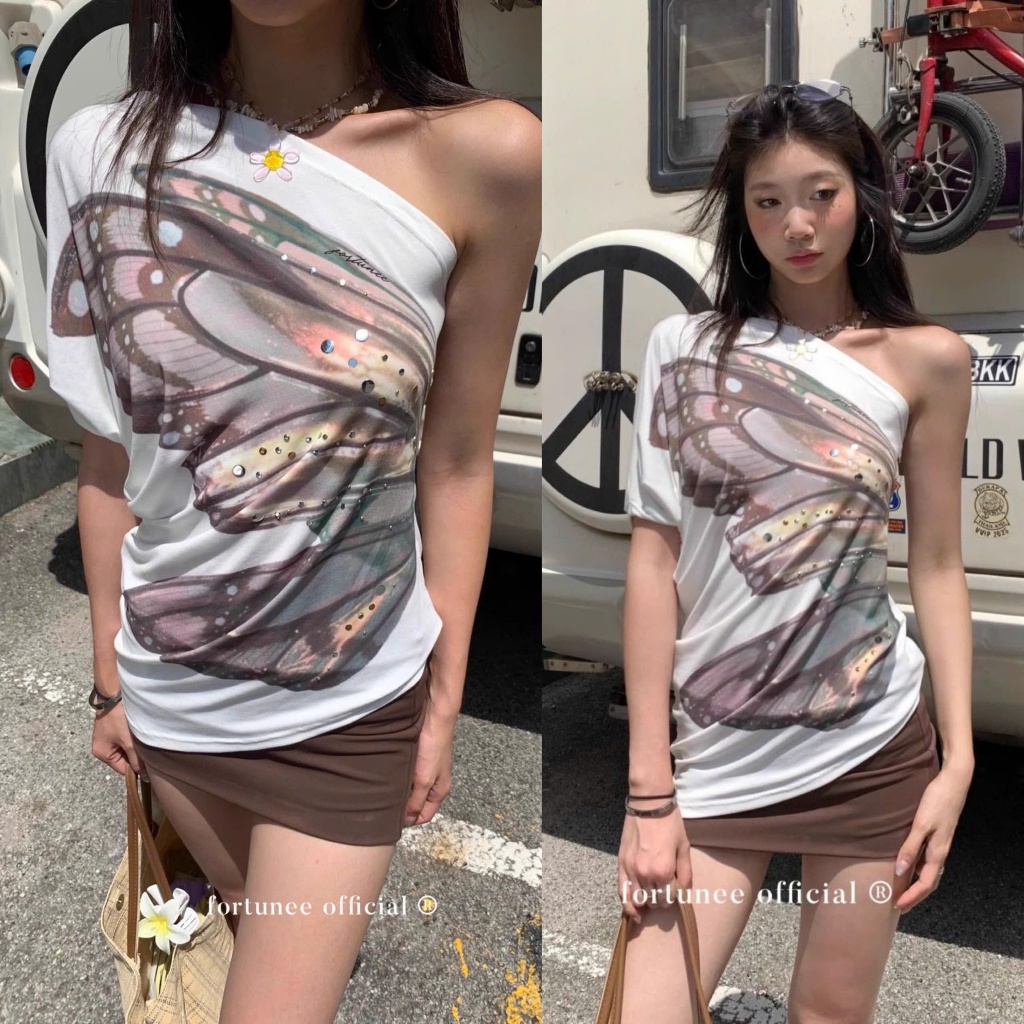 (sẵn)Áo lệch vai màu trắng hình bướm đính đá thời trang nữ mùa hè ALV005- Tiktik