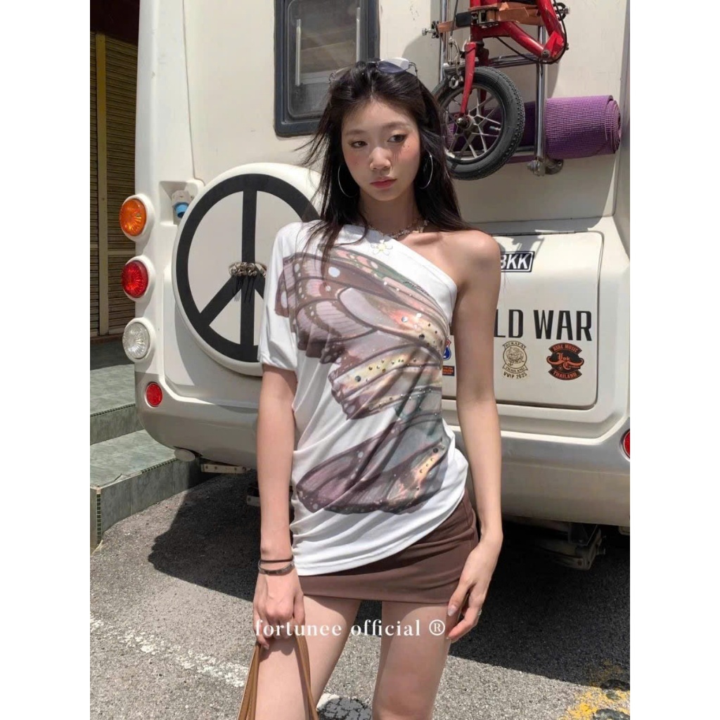 (sẵn)Áo lệch vai màu trắng hình bướm đính đá thời trang nữ mùa hè ALV005- Tiktik