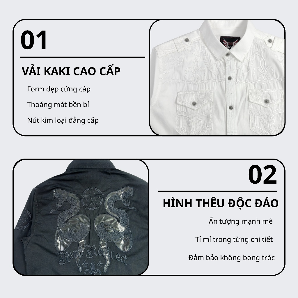 Sơ Mi Rock Classic Cao Cấp Thêu Họa Tiết Mãng Xà Chỉ Ẩn, Vải Kaki Tôn Dáng, Cúc Kim Loại Đẳng Cấp 71