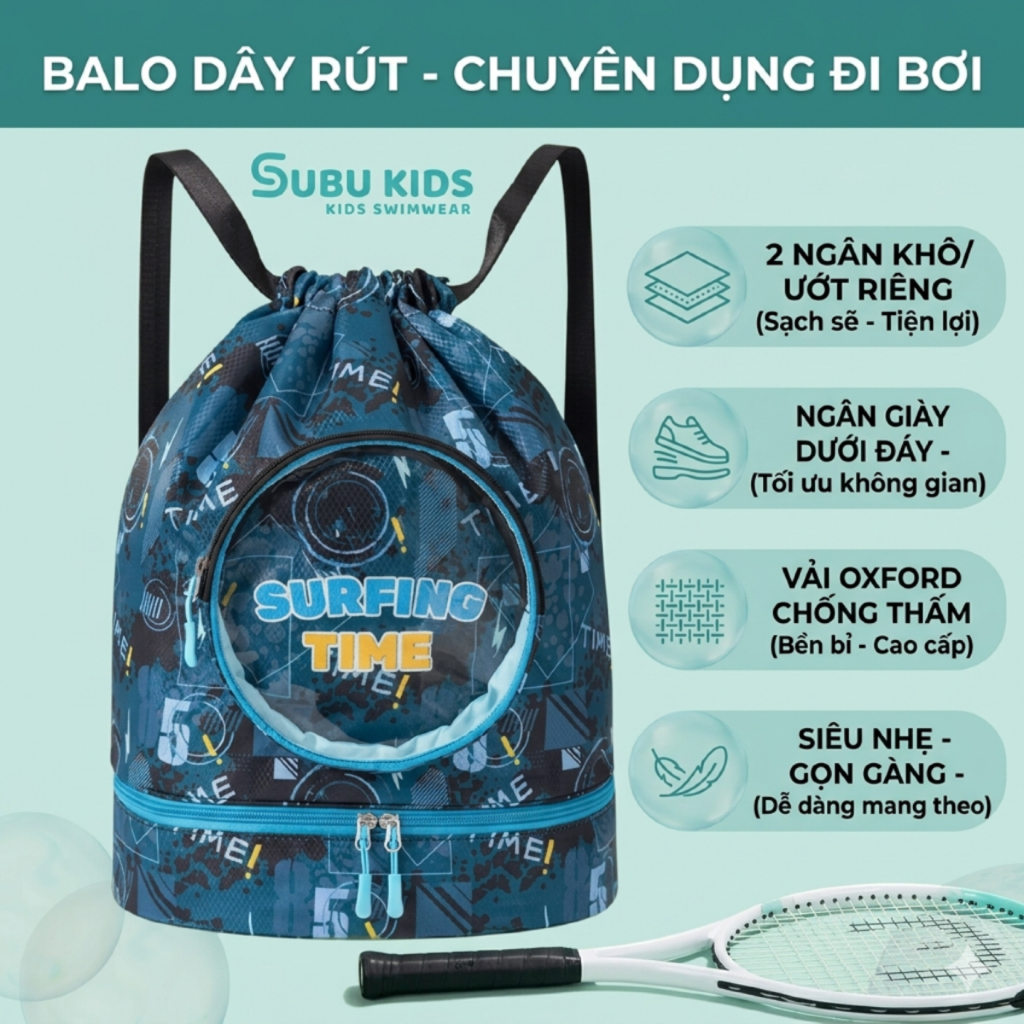 Túi Đựng Đồ Bơi Chống Nước Cho Bé - Balo Dây Rút 2 Ngăn Khô Ướt Riêng Biệt Có Ngăn Giày Đi Biển Du Lịch Subu Kids