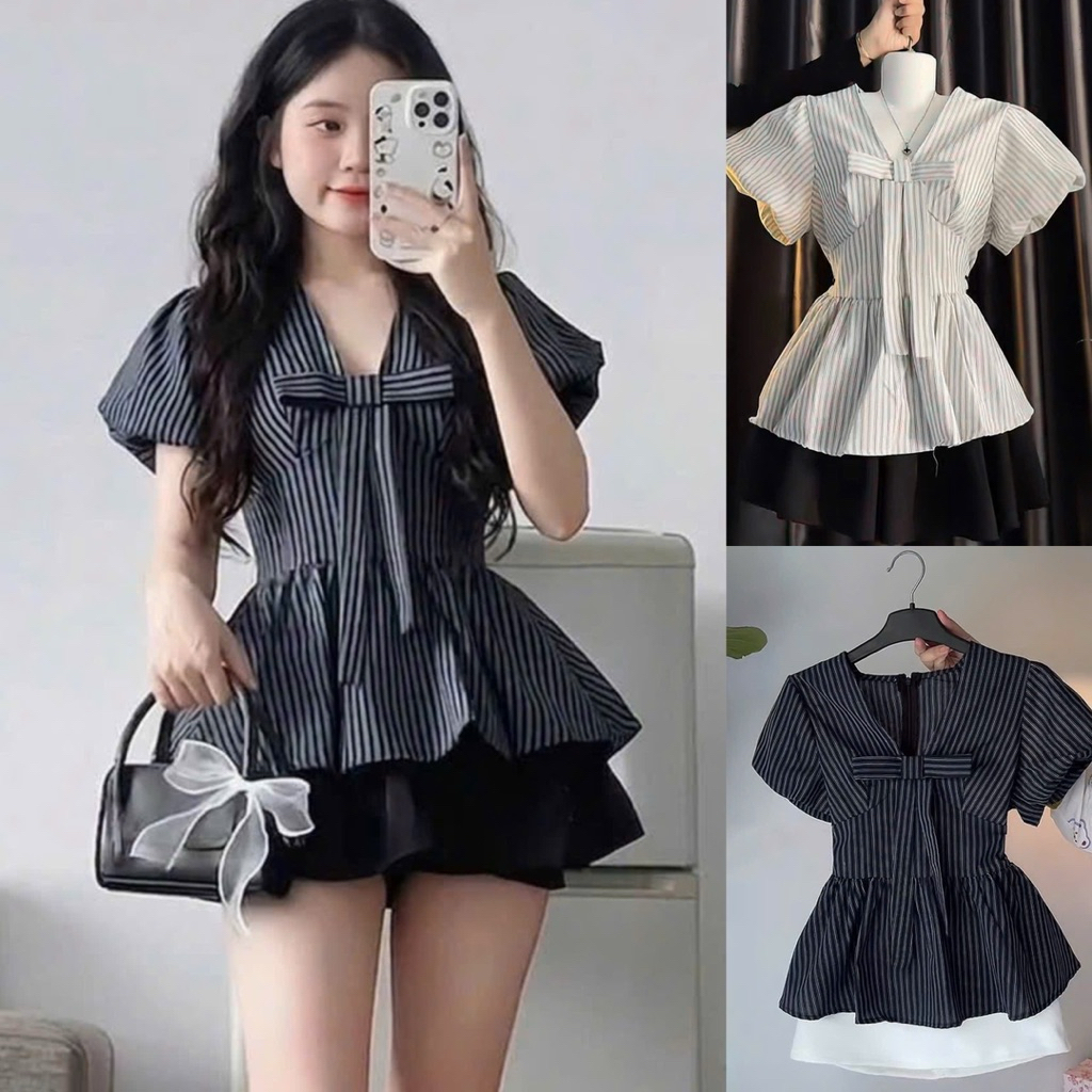 Áo sơ mi kẻ sọc tay phồng form babydoll xoè xinh sau lưng có khoá kéo thắt dây eo SMK98 - SamHi Closet
