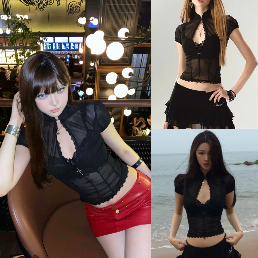 (sẵn )Áo croptop kiểu ôm body chất voan lưới màu đen trơn xuyên thấu cổ tàu ATNT021 - Tiktik