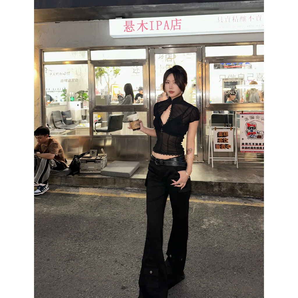 (sẵn )Áo croptop kiểu ôm body chất voan lưới màu đen trơn xuyên thấu cổ tàu ATNT021 - Tiktik