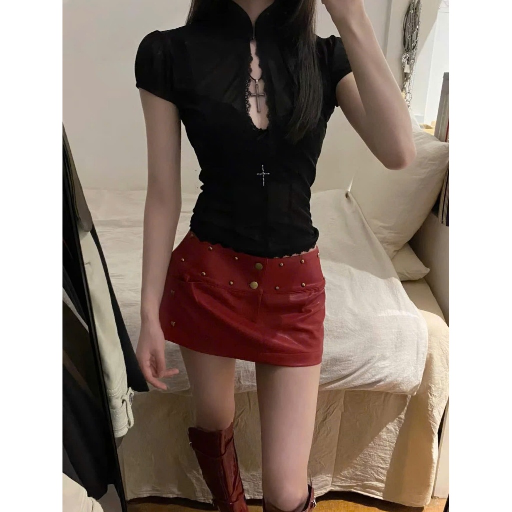 (sẵn )Áo croptop kiểu ôm body chất voan lưới màu đen trơn xuyên thấu cổ tàu ATNT021 - Tiktik