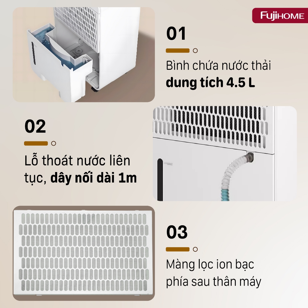 Máy hút ẩm lọc không khí Nhập Khẩu FUJIHOME DH16NW-HEPA, máy hút ẩm hẹn giờ cảm ứng kết nối Wifi 16L