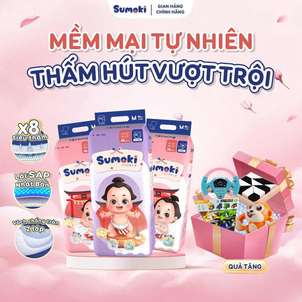 [MUA 3 TẶNG 1 QUÀ] COMBO 3 BỊCH Tã Bỉm Sumoki Mêm Mịn, Mỏng Nhẹ Chỉ 1,9mm - Thấm Hút x8 Lần