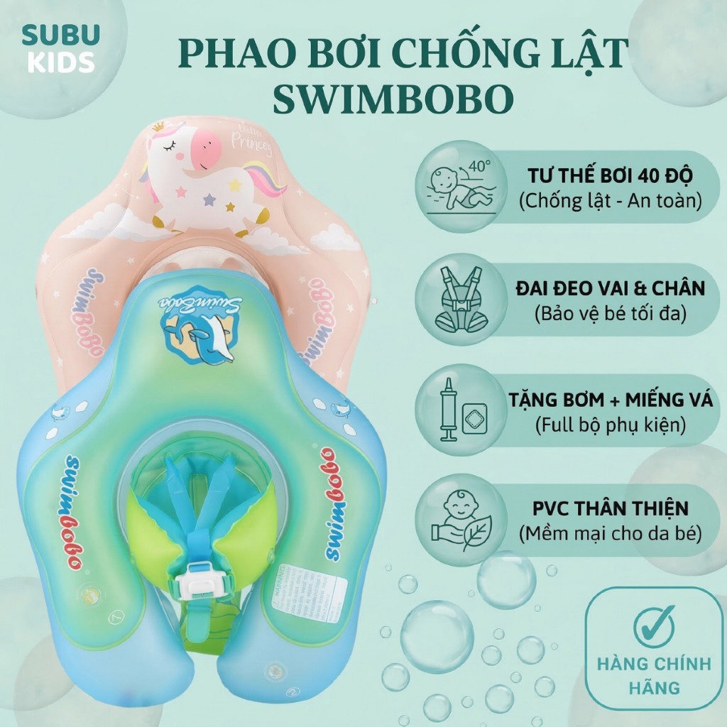 Phao Bơi Chống Lật Cho Bé SWIMBOBO Cao Cấp - Phao Tập Bơi Cho Bé Từ 5 Tháng Đến 3 Tuổi An Toàn Tặng Bơm Miếng Vá Subu Ki