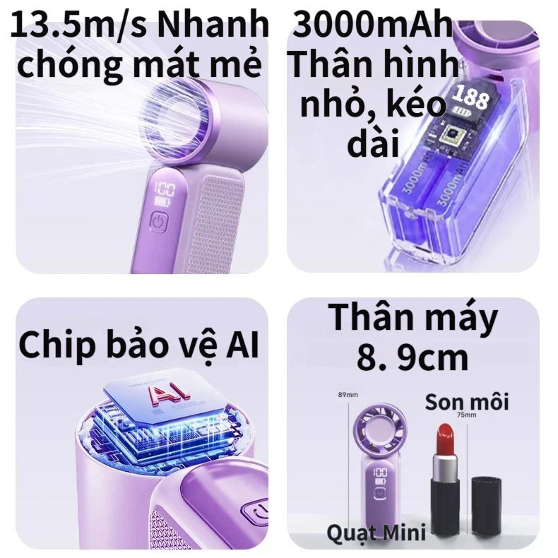 Quạt Cầm Tay Mini Turbo | 100 Cấp Điều Chỉnh | 10m/s Gió Mạnh | Pin 3000mAh | Sạc Nhanh Type-C | Nhẹ 108g