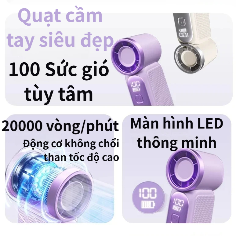 Quạt Cầm Tay Mini Turbo | 100 Cấp Điều Chỉnh | 10m/s Gió Mạnh | Pin 3000mAh | Sạc Nhanh Type-C | Nhẹ 108g