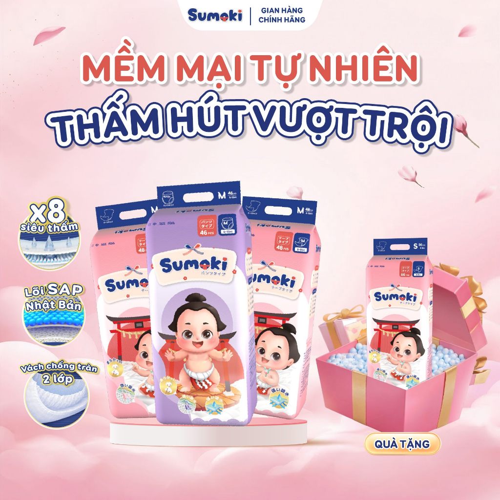 Combo 4 Bịch Tã Bỉm Sumoki Mêm Mịn, Mỏng Nhẹ, Thấm Hút x8 Đủ Size
