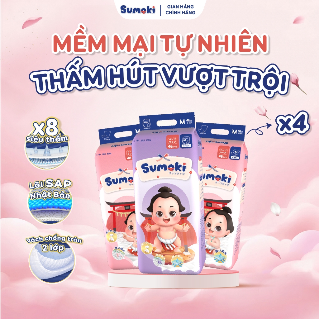 COMBO 4 BỊCH Tã/Bỉm quần Sumoki Nhật Bản siêu mỏng 1,9mm - Thấm hút gấp 8 lần, đóng cả ngày đêm đủ size cho bé