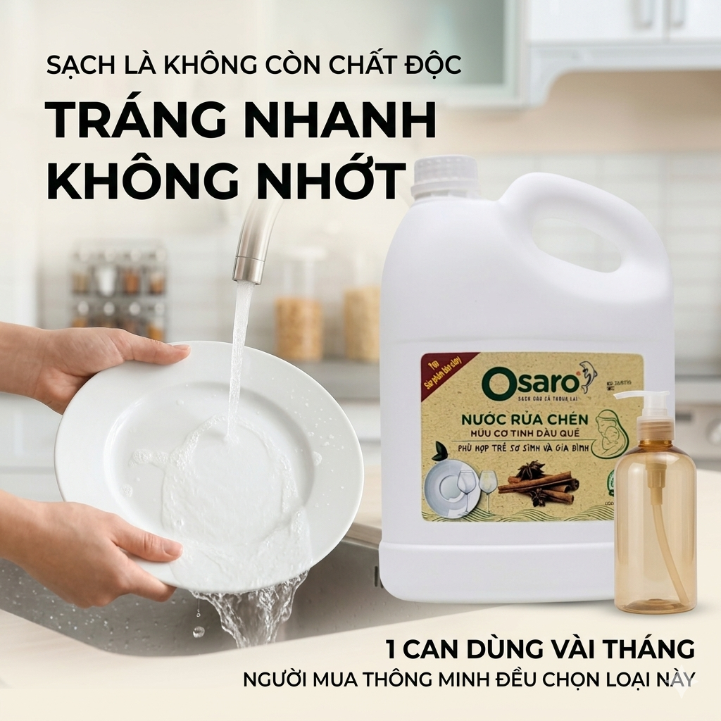 Nước Rửa Chén OSARO 4KG – Dễ Tráng Không Nhớt, Dịu Tay, Hương Tinh Dầu Quế & Sả Chanh