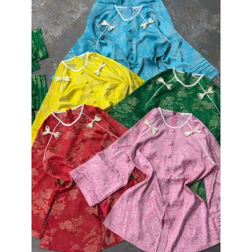 Bộ áo bà ba cổ tròn tay lửng gấm vân thọ cao cấp, kèm quần có túi, Áo Bà Ba Hà Như, size: 45-70kg