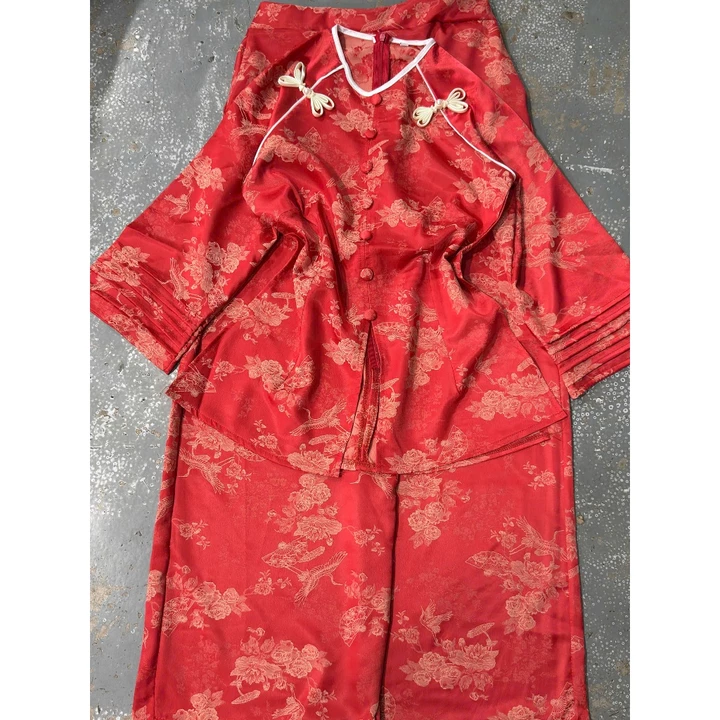 Bộ áo bà ba cổ tròn tay lửng gấm vân thọ cao cấp, kèm quần có túi, Áo Bà Ba Hà Như, size: 45-70kg