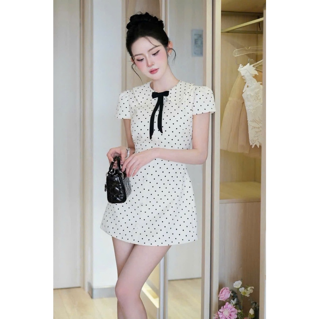 Đầm chấm bi GUMIN thiết kế đầm cổ sen phối dây nơ cổ dáng ngắn xòe nhẹ tiểu thư, Váy dự tiệc nữ thanh lịch sang trọng
