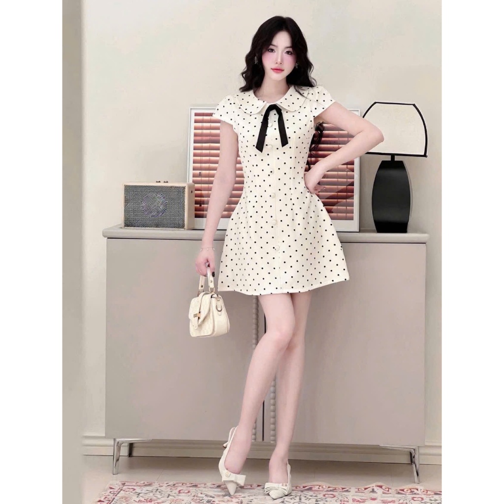 Đầm chấm bi GUMIN thiết kế đầm cổ sen phối dây nơ cổ dáng ngắn xòe nhẹ tiểu thư, Váy dự tiệc nữ thanh lịch sang trọng
