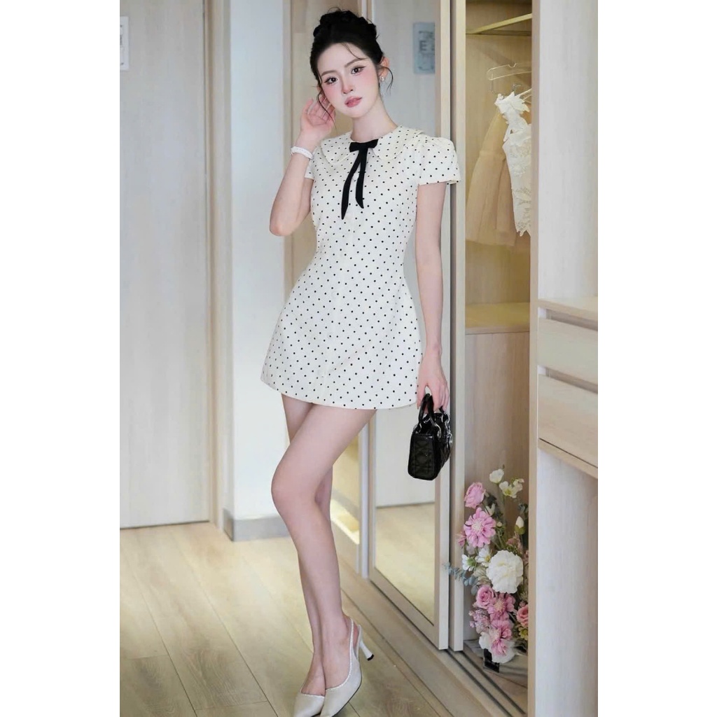 Đầm chấm bi GUMIN thiết kế đầm cổ sen phối dây nơ cổ dáng ngắn xòe nhẹ tiểu thư, Váy dự tiệc nữ thanh lịch sang trọng