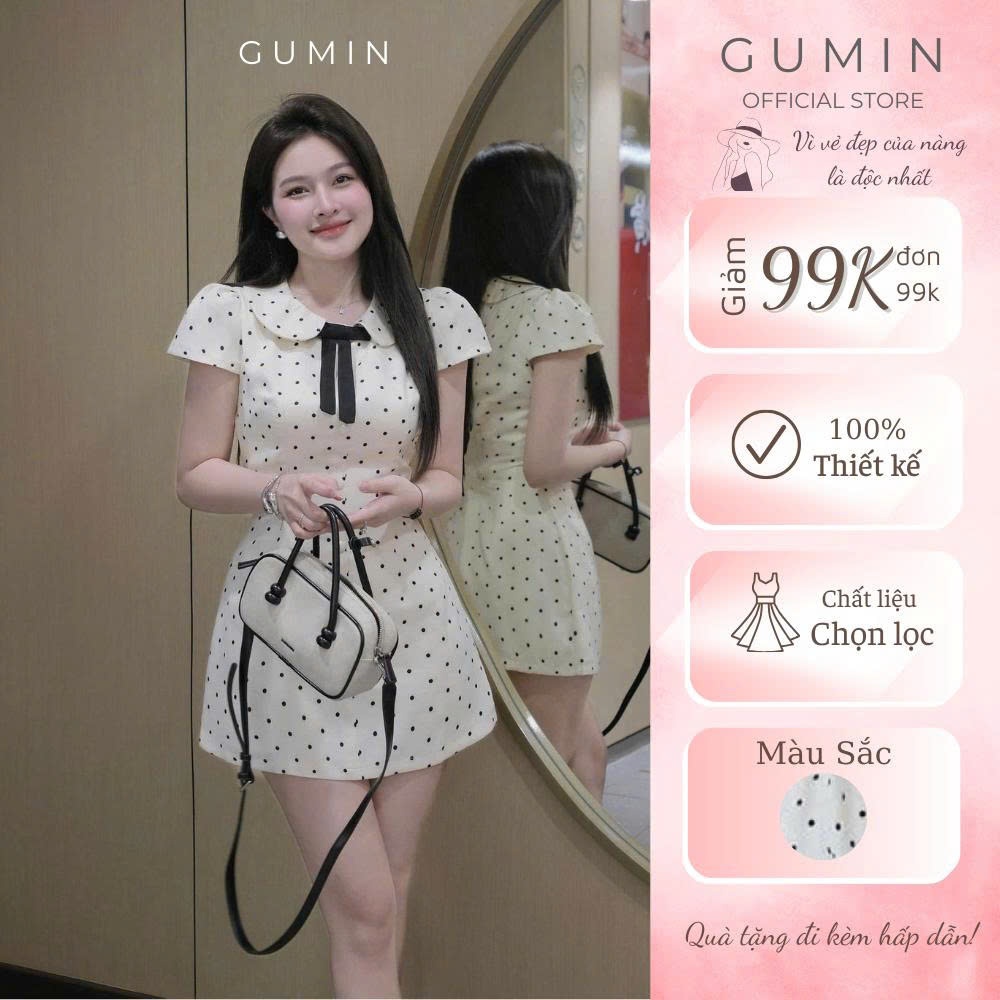 Đầm chấm bi GUMIN thiết kế đầm cổ sen phối dây nơ cổ dáng ngắn xòe nhẹ tiểu thư, Váy dự tiệc nữ thanh lịch sang trọng