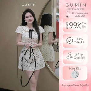 Đầm chấm bi GUMIN thiết kế đầm cổ sen phối dây nơ cổ dáng ngắn xòe nhẹ tiểu thư, Váy dự tiệc nữ thanh lịch sang trọng