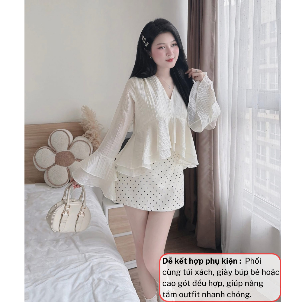 Set áo kiểu nữ tay loe, bộ quần áo nữ áo voan bèo phối chân váy ôm chấm bi JUMITO HCOM27095