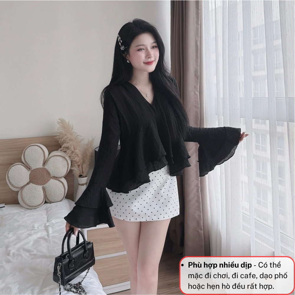 Set áo kiểu nữ tay loe, bộ quần áo nữ áo voan bèo phối chân váy ôm chấm bi JUMITO HCOM27095