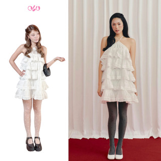 Đầm OLV suông cổ yếm xếp tầng White Chiffon Layered Ruffled Halter Mini Dress phù hợp đi tiệc