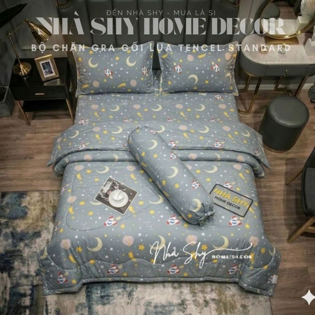Bộ chăn ga gối lụa tencel standard cao cấp, chất liệu lụa tencel mềm mịn, thoáng mát, chăn đã có ruột sẵn hàng