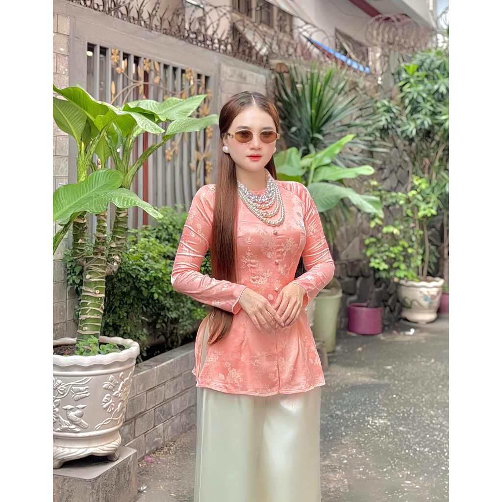 Hân Nguyễn Áo Bà Ba - B.A184 -Áo Bà Ba Gấm Hoa Xuân Dệt Mịn Dây Kéo Nút Ngọc Trai Cổ Tròn Dây Kéo ( Quần Ngọc Trai )