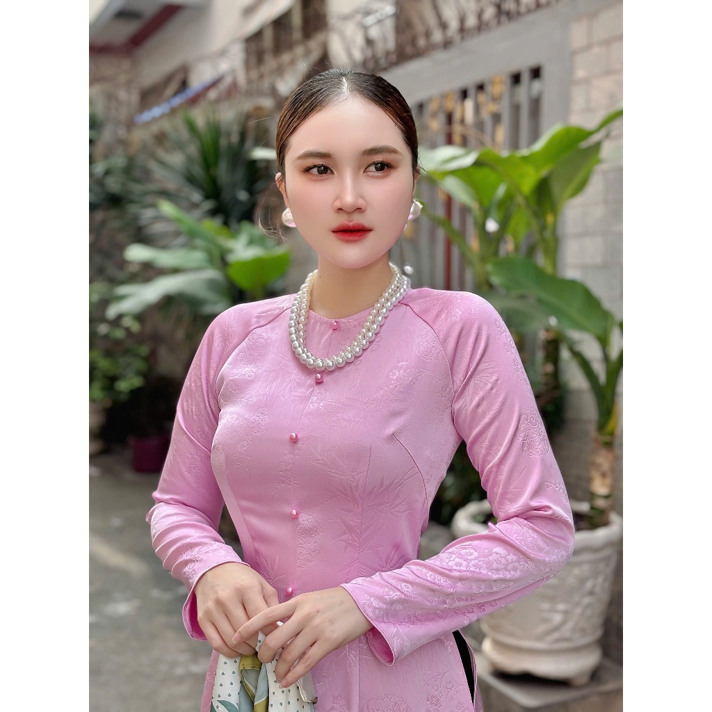 Hân Nguyễn Áo Bà Ba - B.A184 -Áo Bà Ba Gấm Hoa Xuân Dệt Mịn Dây Kéo Nút Ngọc Trai Cổ Tròn Dây Kéo ( Quần Ngọc Trai )