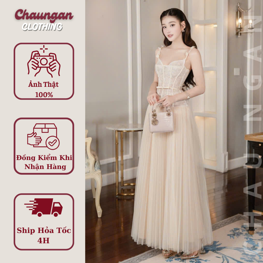 Đầm Maxi Corset Hai Dây Phối Voan Dập Ly Chuẩn CHOUCHOU Thiết Kế Thanh Lịch Tôn Dáng