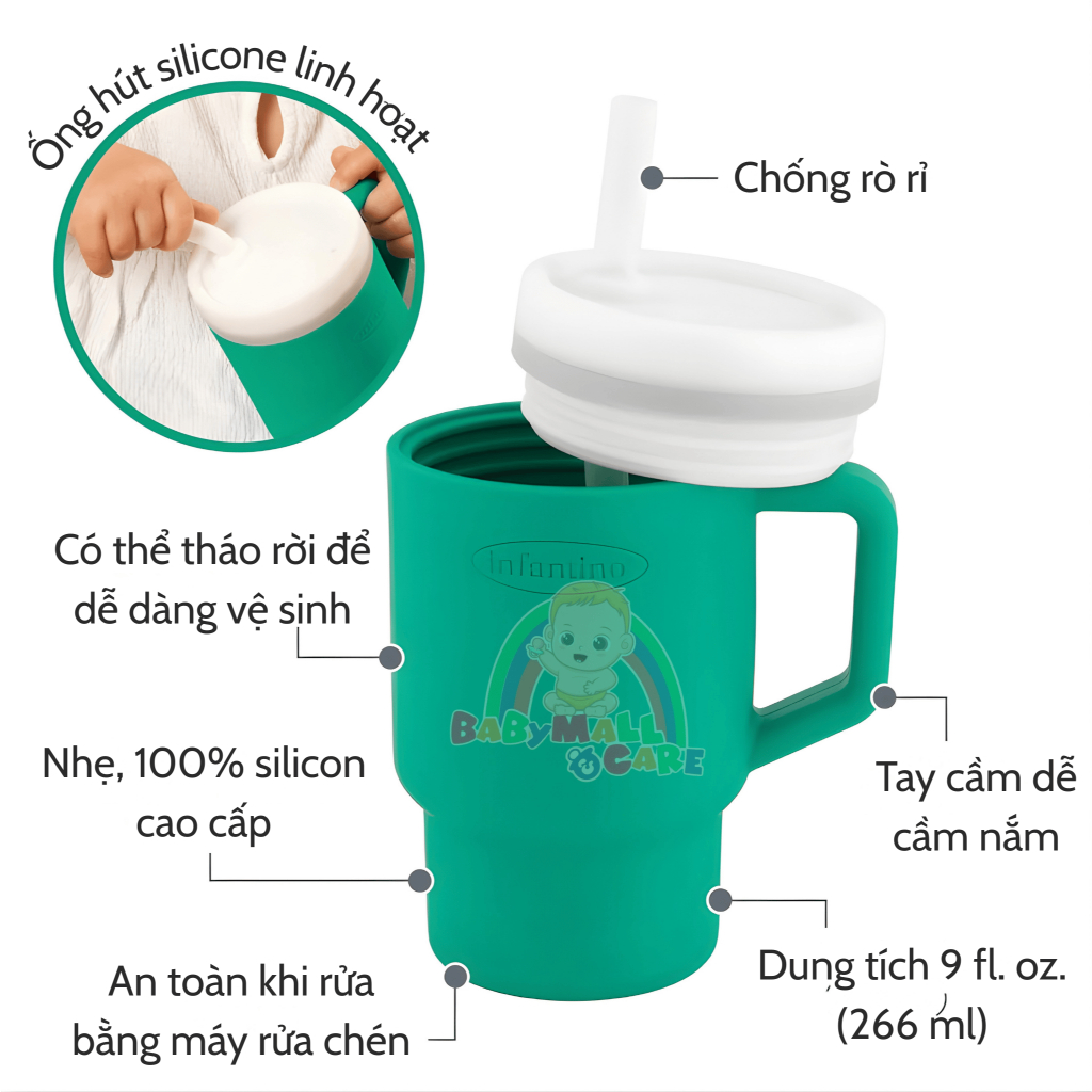 Cốc Tập Uống Infantino Silicone 266ml Có Ống Hút Chống Rò Rỉ Nước Cho Bé 6M+|  Babymall & Care