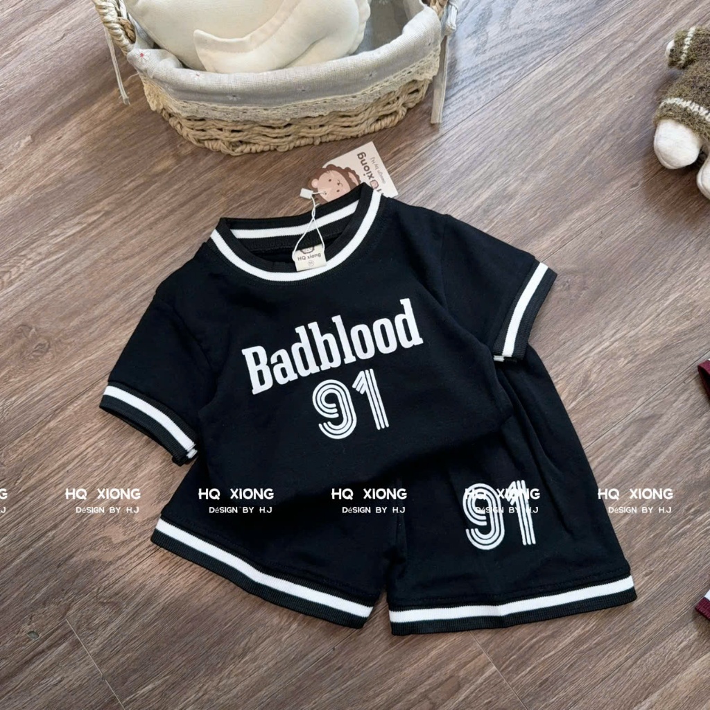Set Áo Thun Quần Short BADBLOOD91 Đen,Bộ Bé Trai Coton Mát Mịn 7-15kg,Đồ Bé Trai Thể Thao Mùa Hè A18