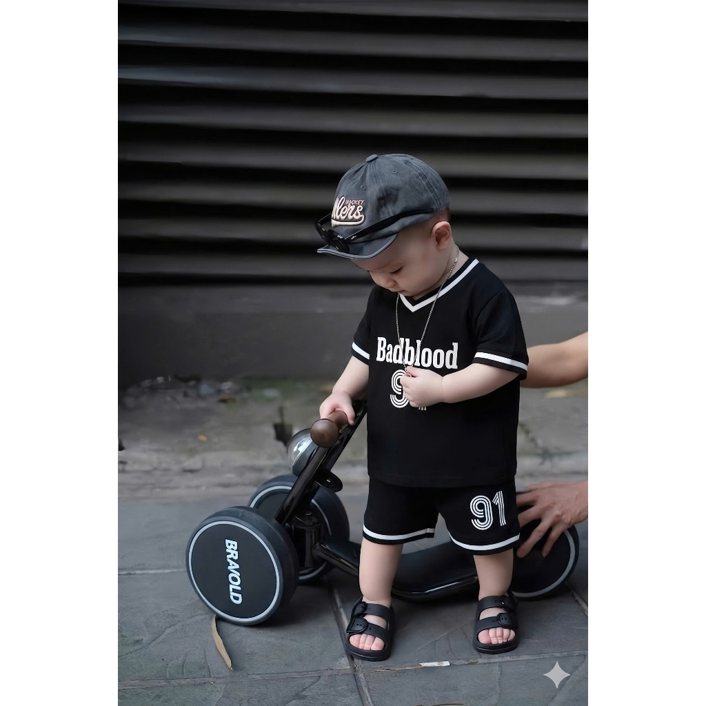 Set Áo Thun Quần Short BADBLOOD91 Đen,Bộ Bé Trai Coton Mát Mịn 7-15kg,Đồ Bé Trai Thể Thao Mùa Hè A18