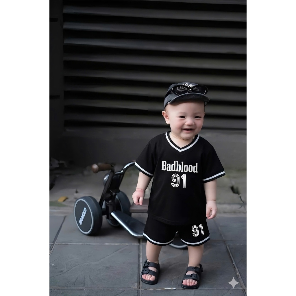 Set Áo Thun Quần Short BADBLOOD91 Đen,Bộ Bé Trai Coton Mát Mịn 7-15kg,Đồ Bé Trai Thể Thao Mùa Hè A18