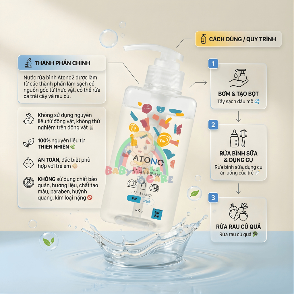 Nước Rửa Bình Sữa Atono2 480ml Làm Sạch Dịu Nhẹ Dụng Cụ Ăn Uống Rau Củ | Babymall & Care