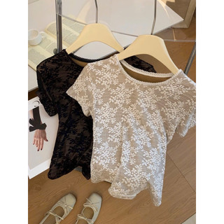 LT - Áo ren nữ cổ tròn cộc tay, ôm body viền ren, style Ulzzang y2k cá tính 1612