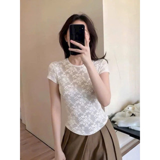 LT - Áo ren nữ cổ tròn cộc tay, ôm body viền ren, style Ulzzang y2k cá tính 1612