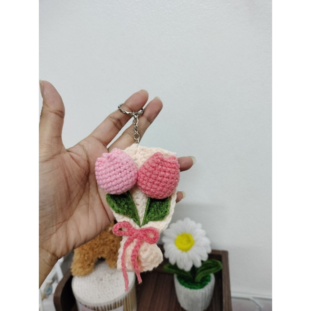 Móc  Khoá Bó Hoa Tulip Handmade , Móc Khoá Len Handmade