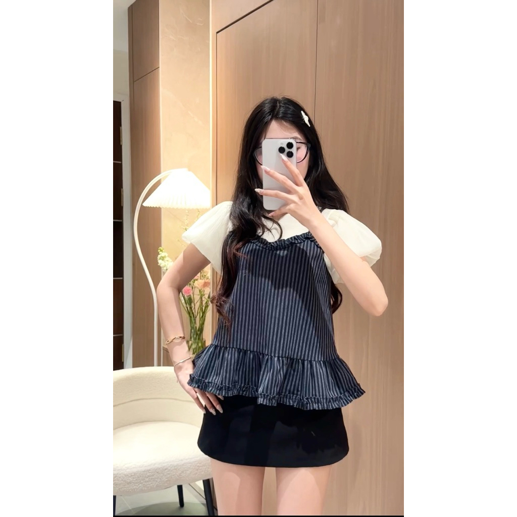Set Áo Kiểu Tay Bồng Cộc Tay Phối Liền Áo 2 Dây Kẻ Xanh Bèo Nhún Babydoll Nàng Thơ